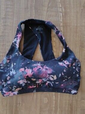 Prana Floral Print Racerback Sports Bra in Black and Pink Medium